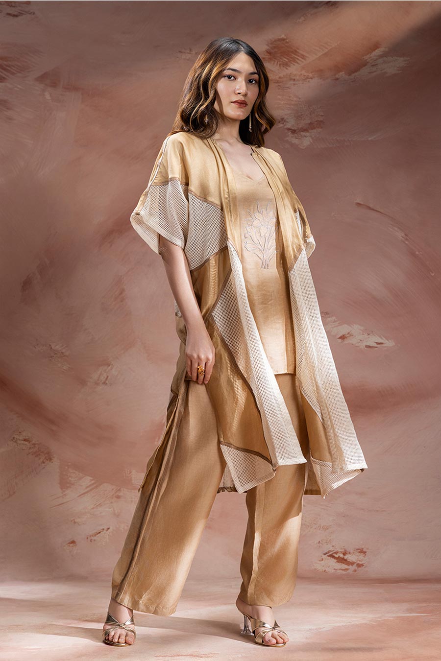 Beige Zinnia Appliqué Co-Ord Set With Jacket