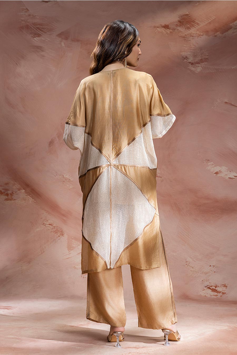 Beige Zinnia Appliqué Co-Ord Set With Jacket