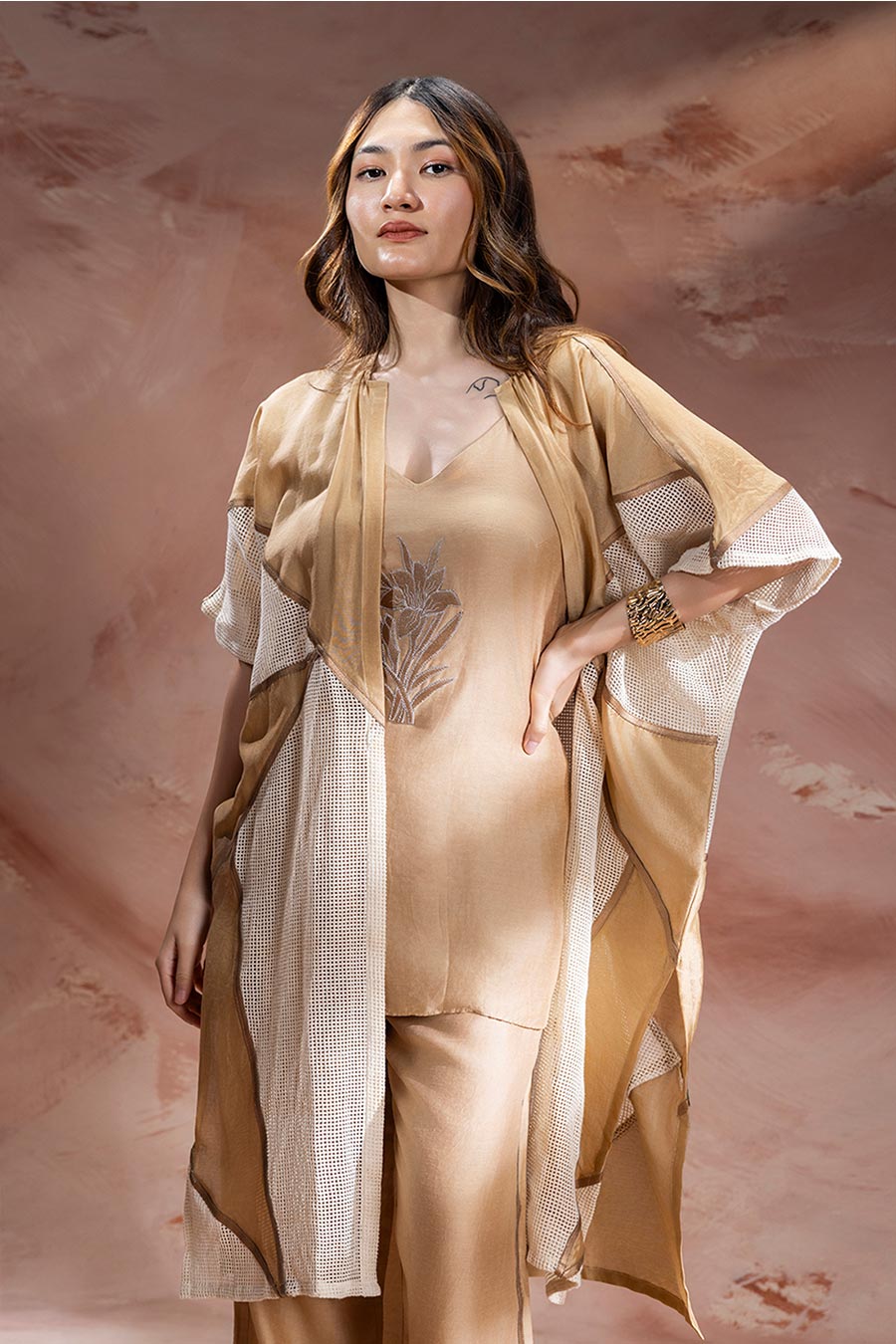 Beige Zinnia Appliqué Co-Ord Set With Jacket