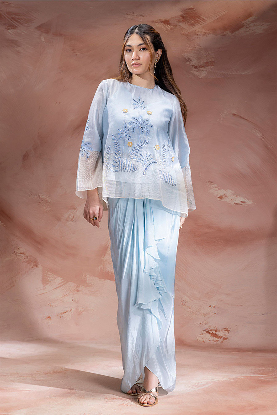 Blue Alisa Embroidered Drape Skirt Co-Ord Set