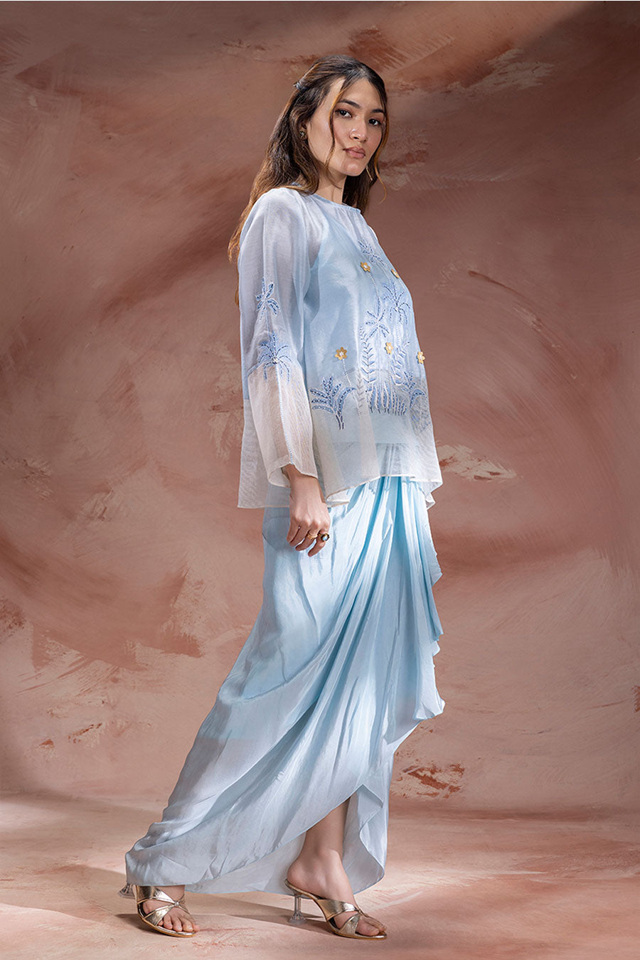 Blue Alisa Embroidered Drape Skirt Co-Ord Set