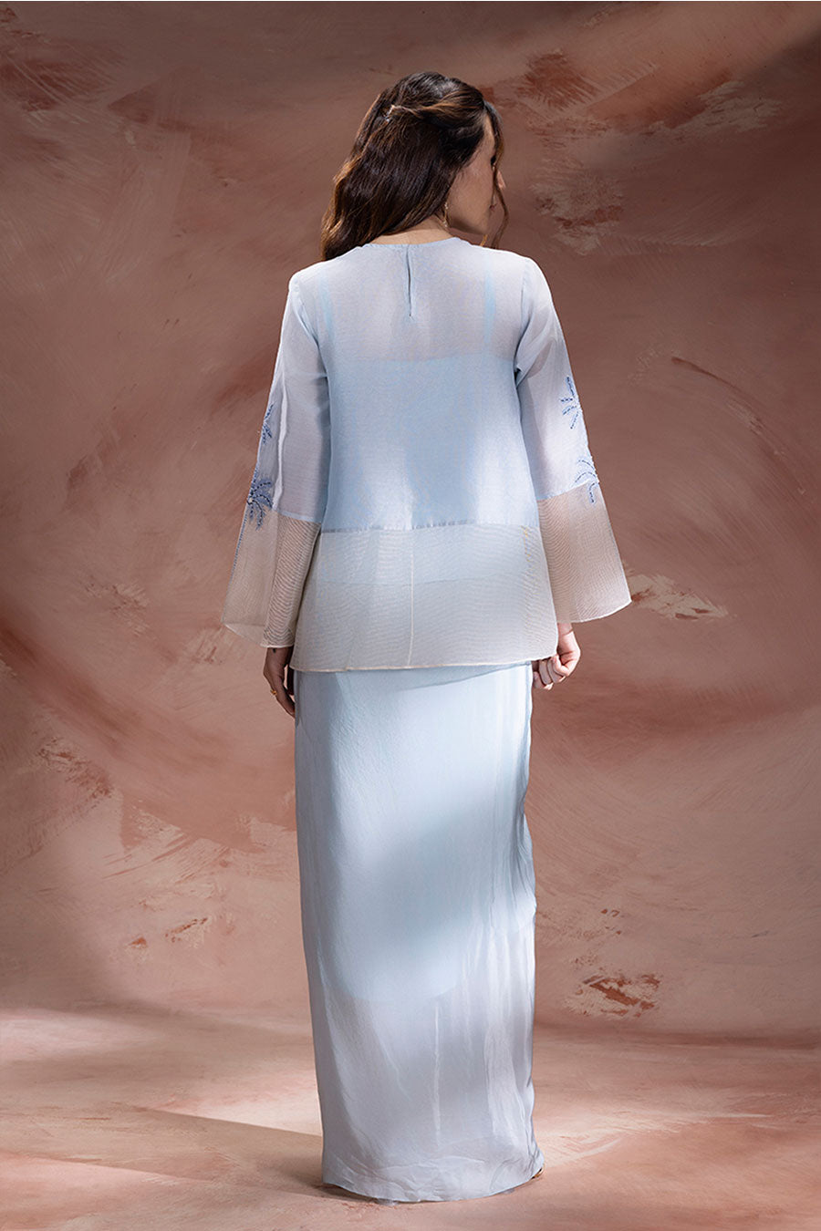 Blue Alisa Embroidered Drape Skirt Co-Ord Set