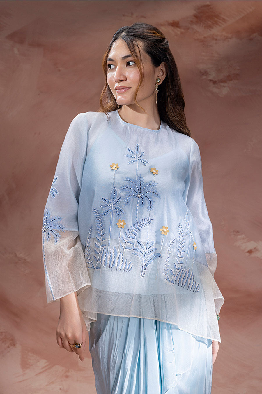 Blue Alisa Embroidered Drape Skirt Co-Ord Set