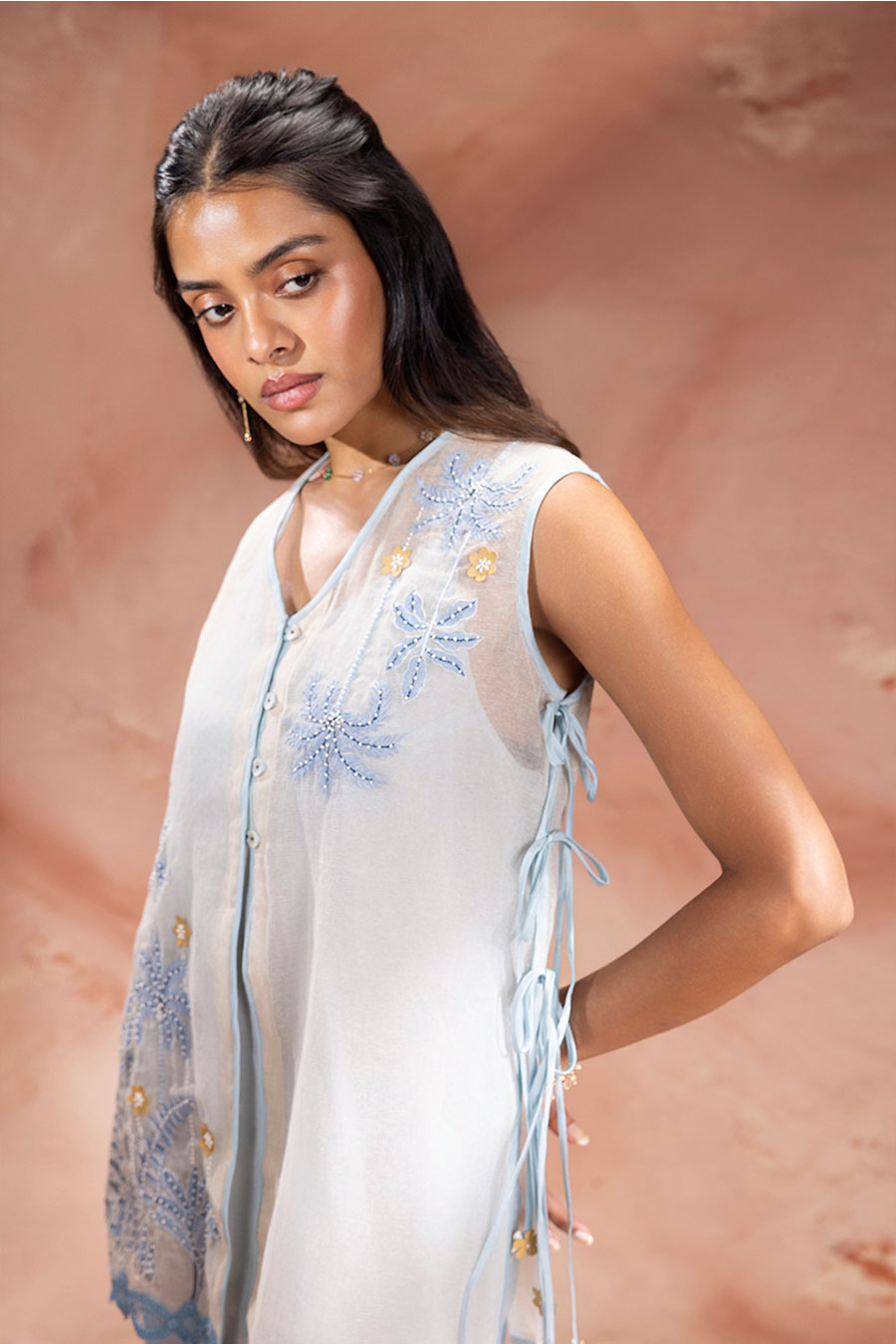 Blue Alisa Embroidered Tie-Up Co-Ord Set