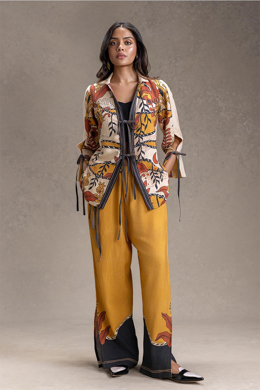 Beige Kyomi Printed Tie-Up Shirt & Pants Co-Ord Set