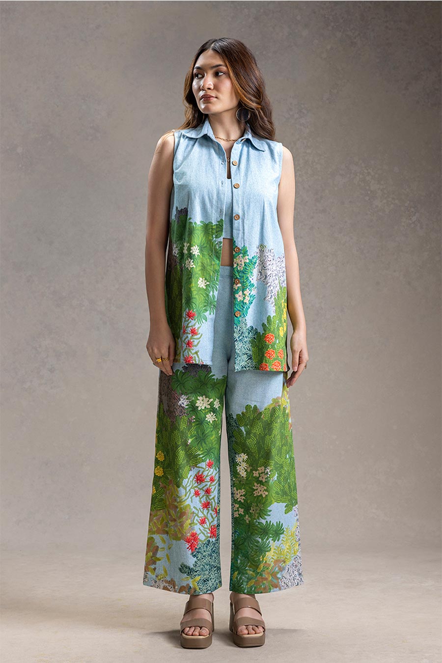Blue Blume Print Bustier Co-Ord Set With Jacket