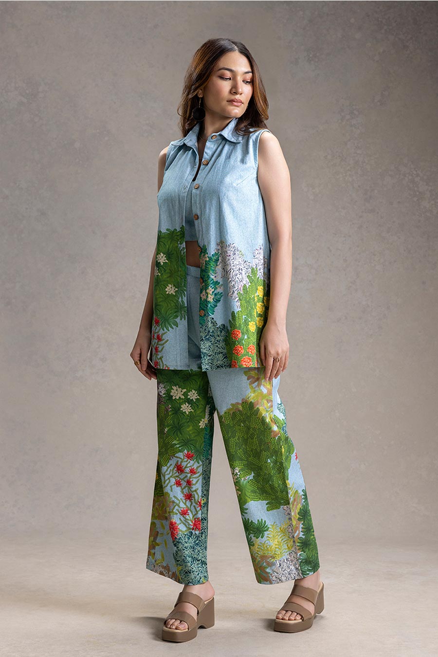Blue Blume Print Bustier Co-Ord Set With Jacket