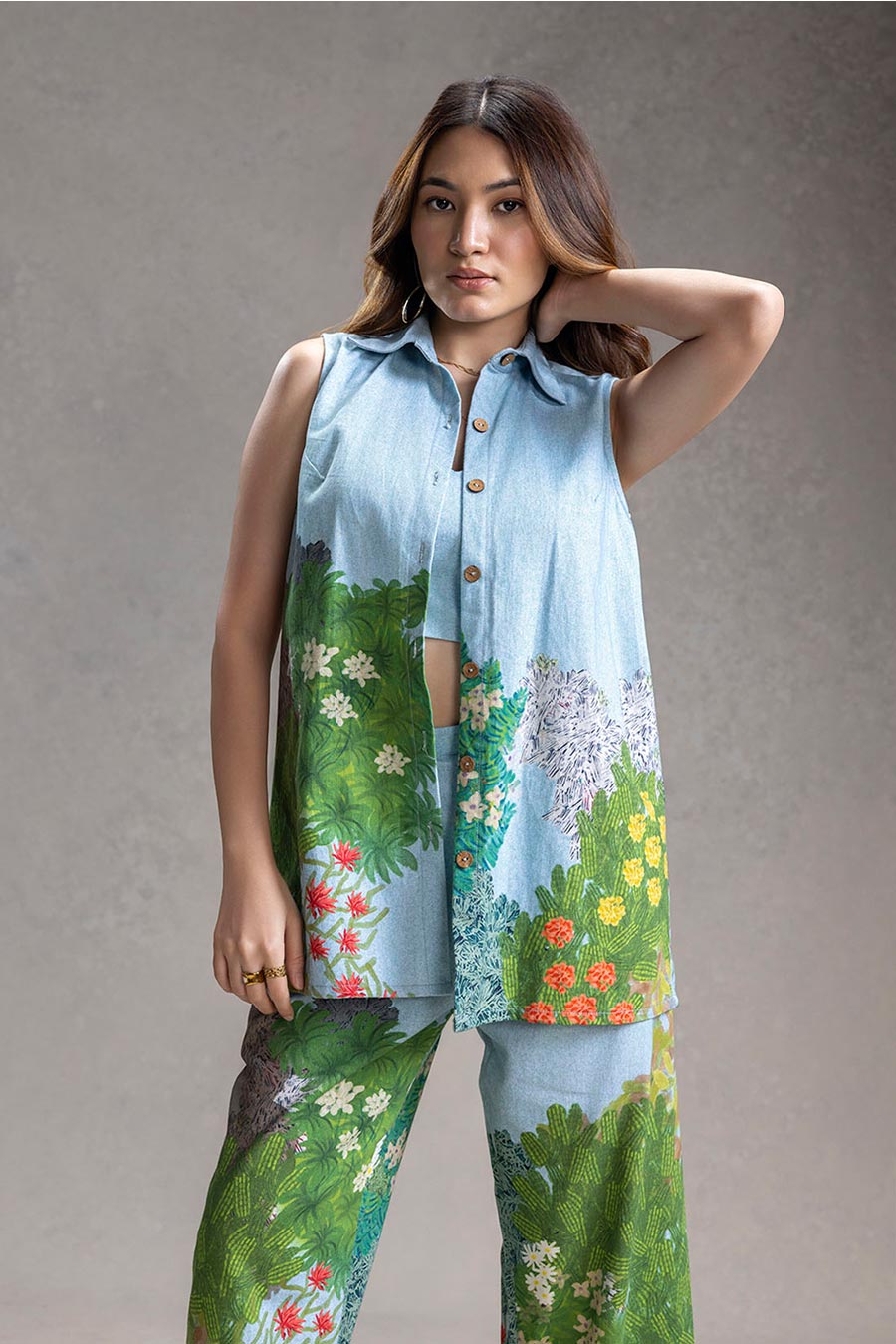 Blue Blume Print Bustier Co-Ord Set With Jacket