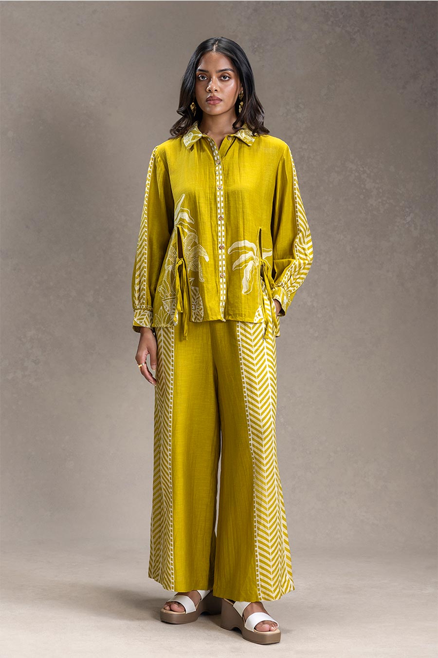 Mustard Kyomi Printed Shirt & Pants Co-Ord Set