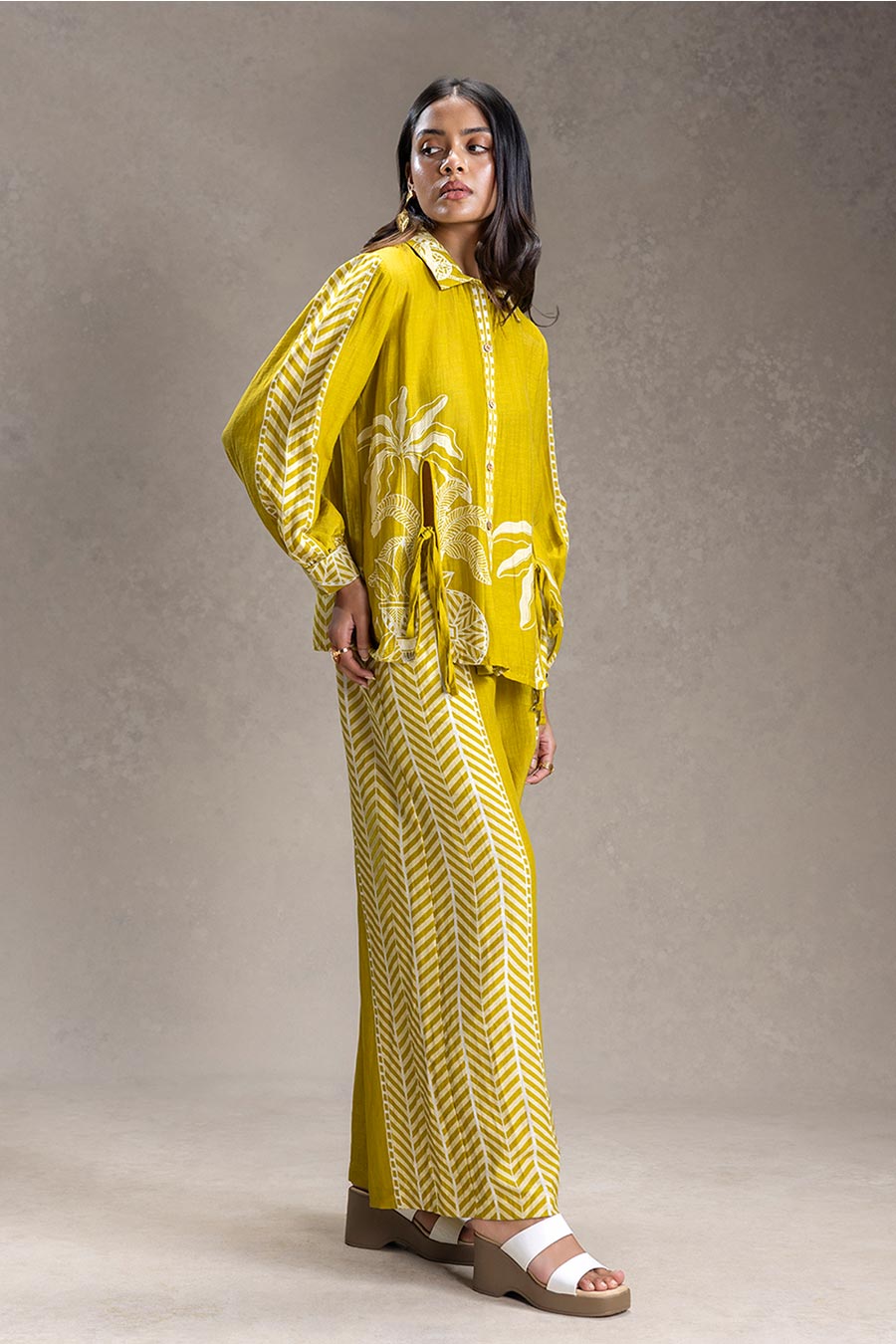 Mustard Kyomi Printed Shirt & Pants Co-Ord Set