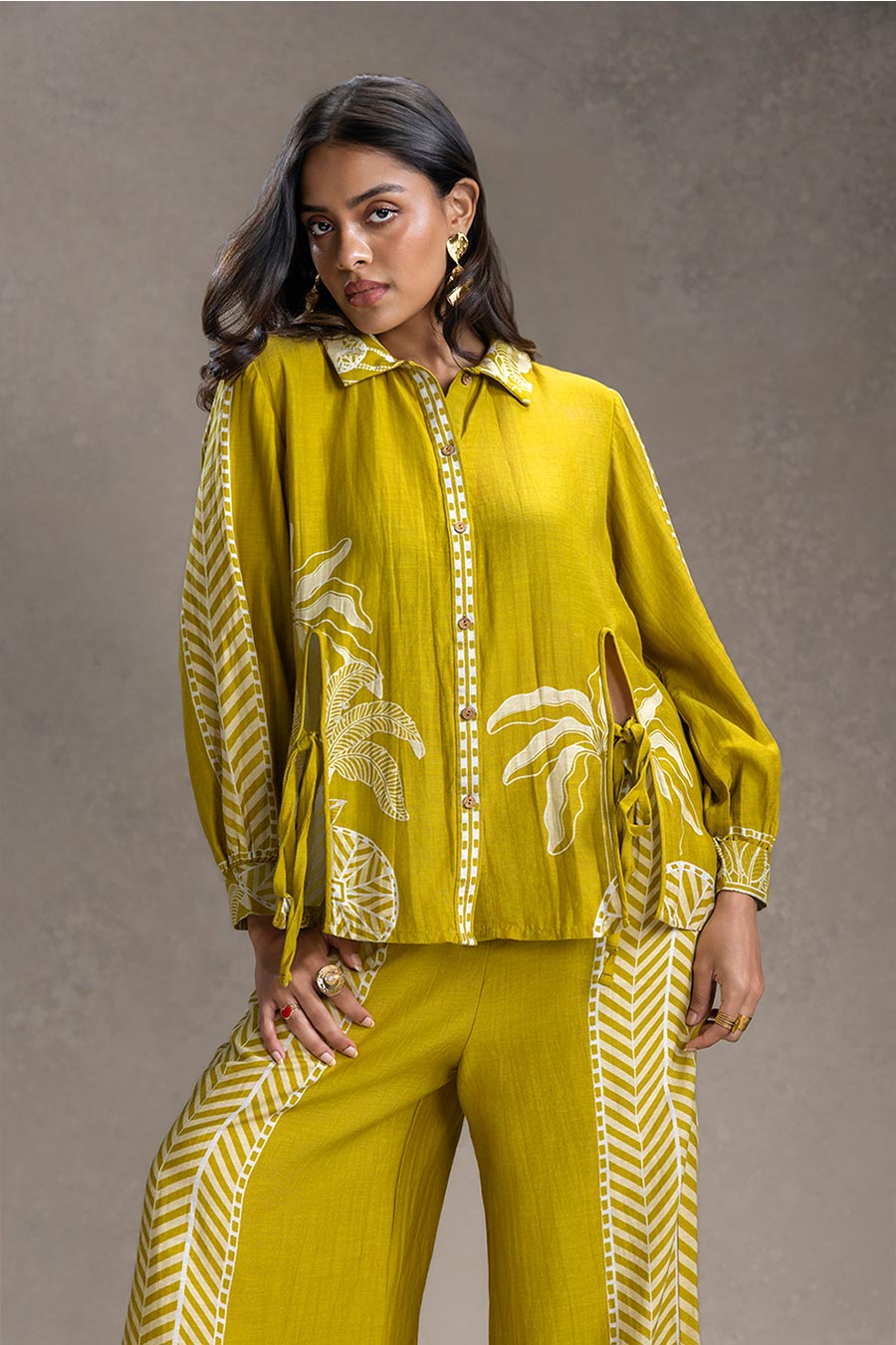 Mustard Kyomi Printed Shirt & Pants Co-Ord Set