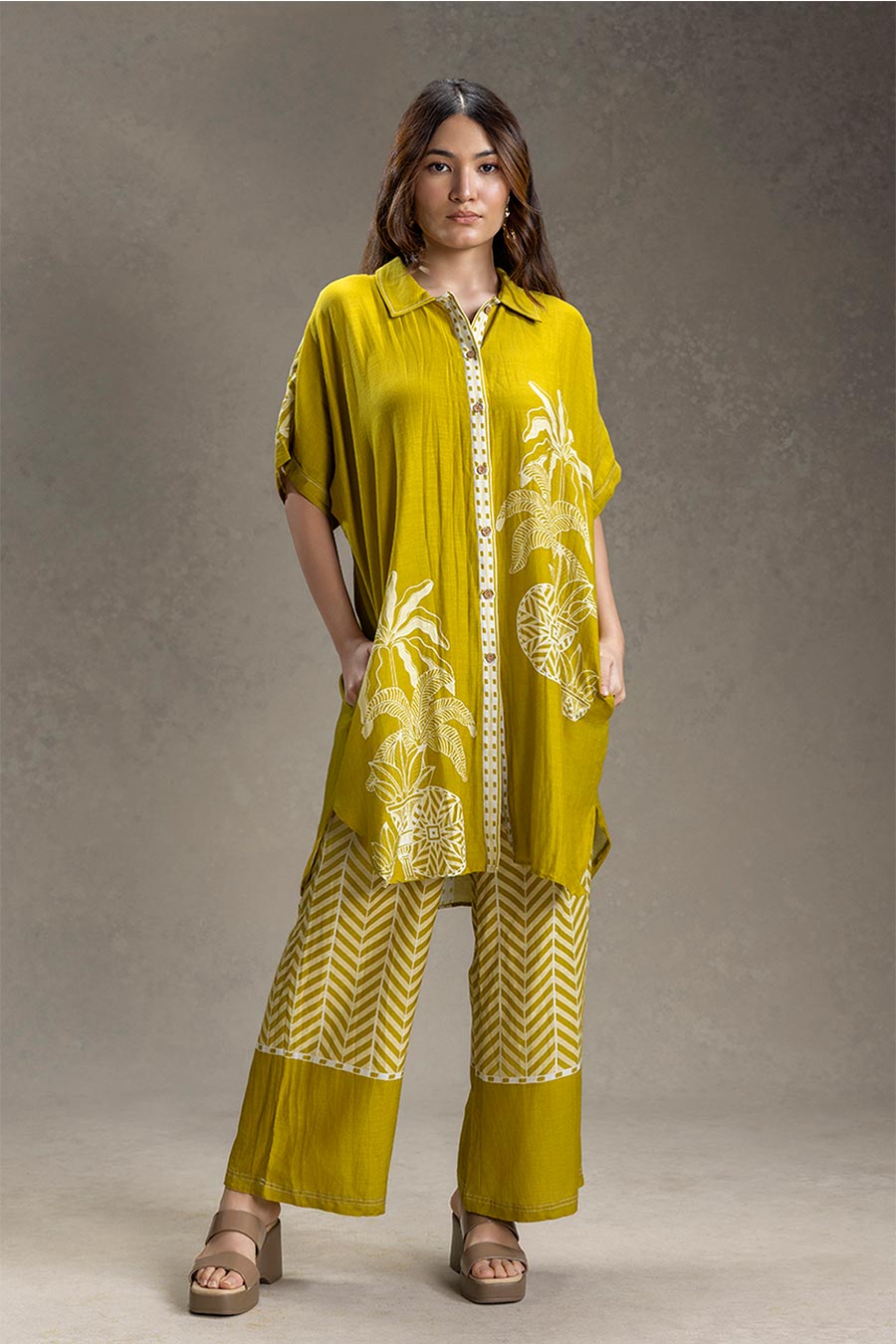 Mustard Kyomi Printed Kimono Co-Ord Set