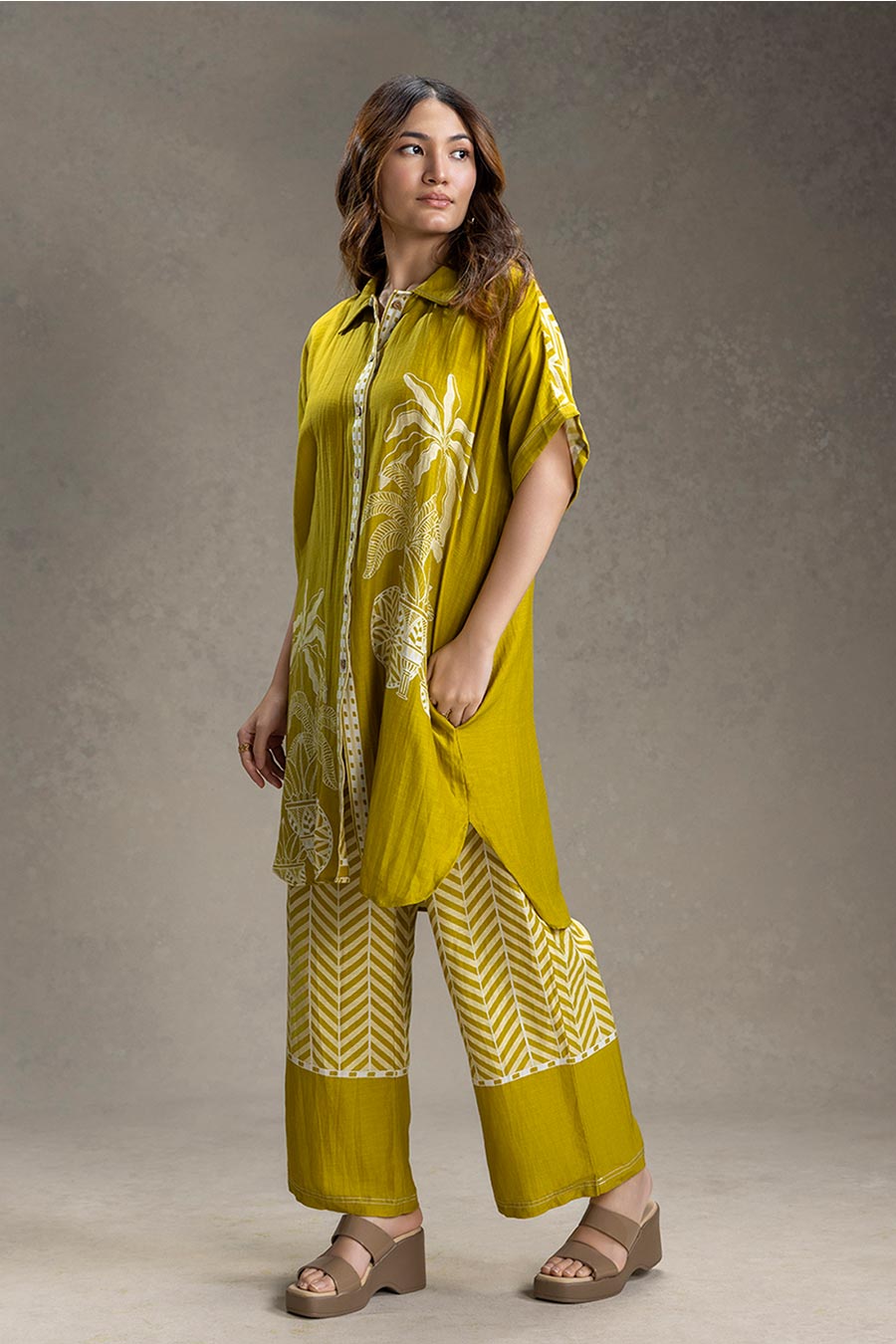Mustard Kyomi Printed Kimono Co-Ord Set