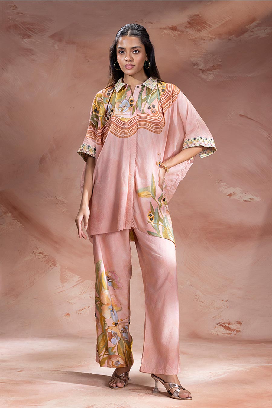 Pink Zeya Embellished Kimono Shirt & Pants Set