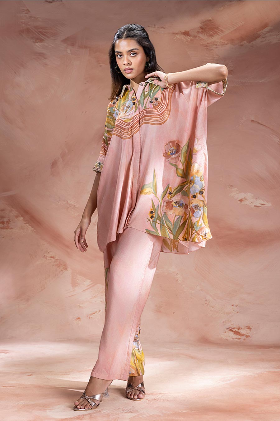Pink Zeya Embellished Kimono Shirt & Pants Set