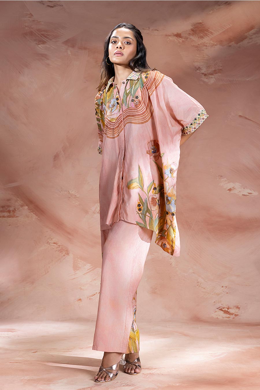 Pink Zeya Embellished Kimono Shirt & Pants Set