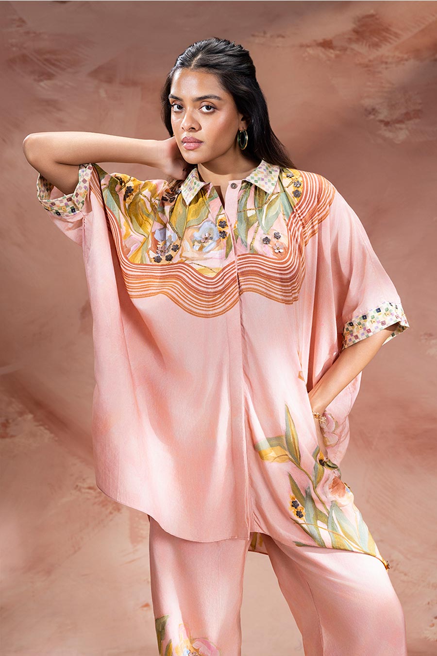 Pink Zeya Embellished Kimono Shirt & Pants Set