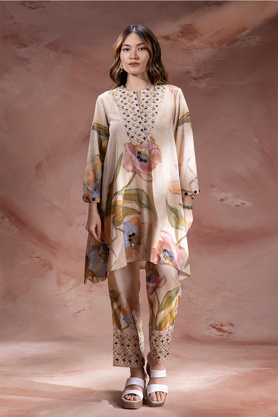 Beige Zeya Embellished Tunic & Pants Set