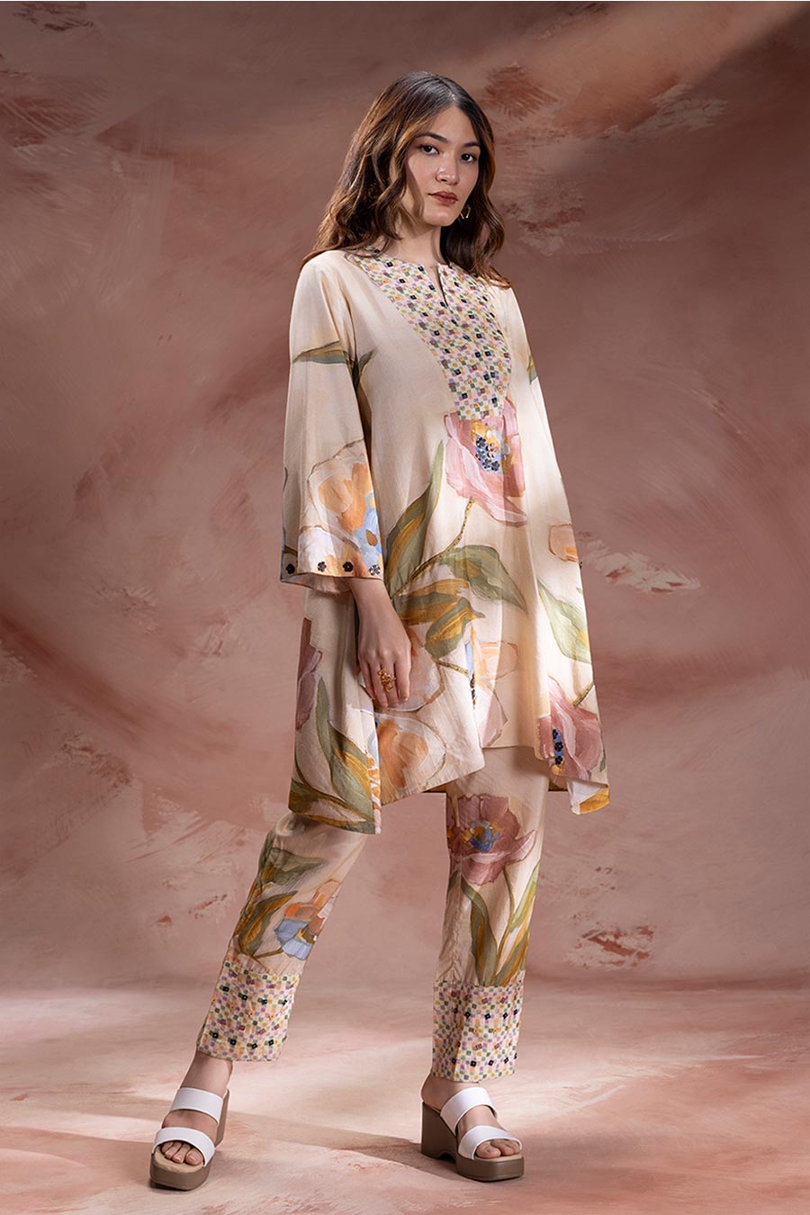 Beige Zeya Embellished Tunic & Pants Set