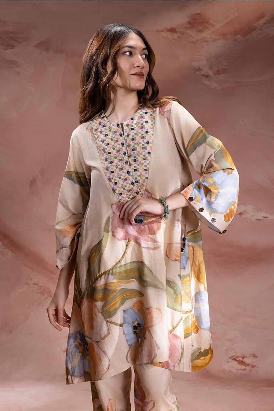 Beige Zeya Embellished Tunic & Pants Set