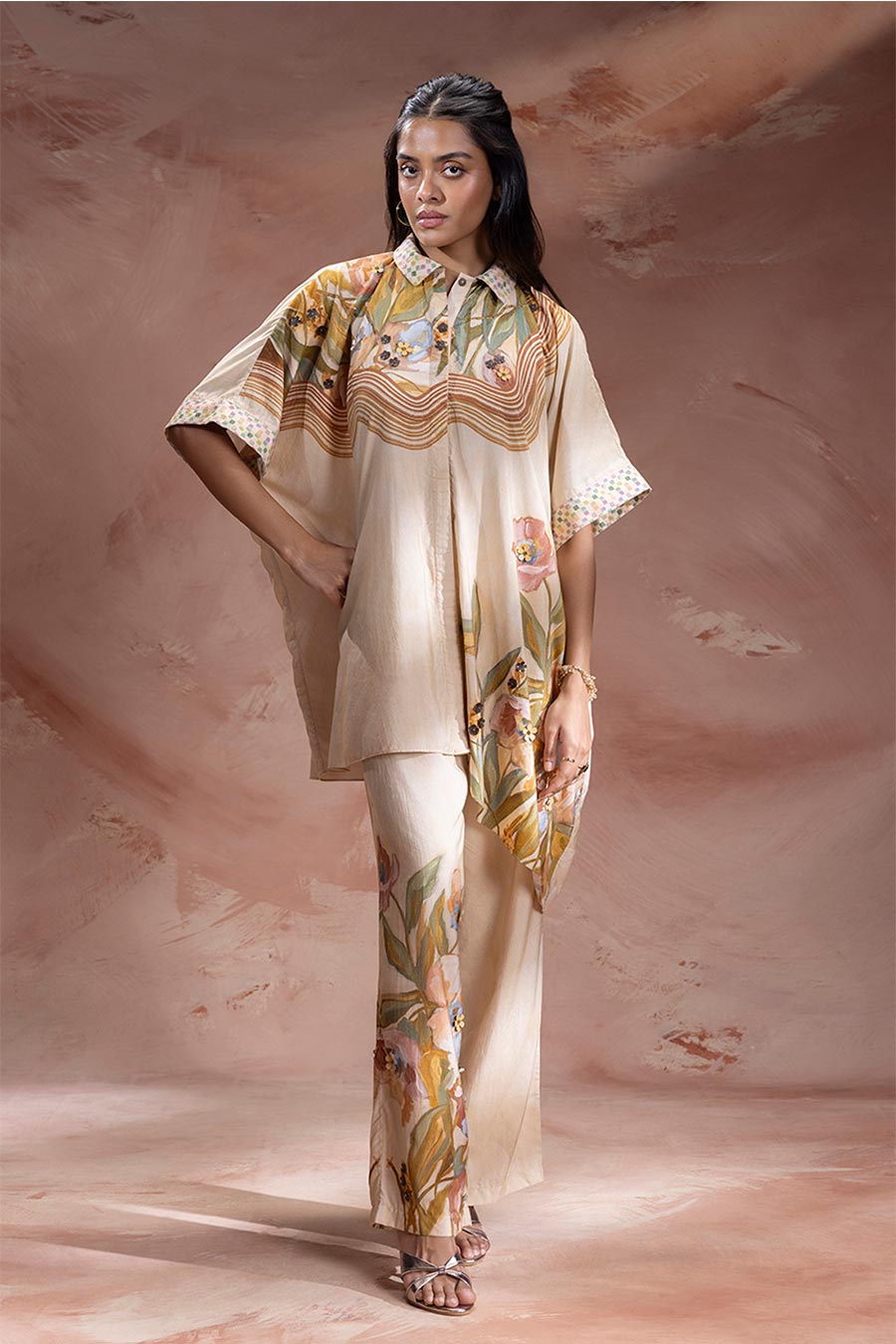 Beige Zeya Embellished Kimono Tunic & Pants Set
