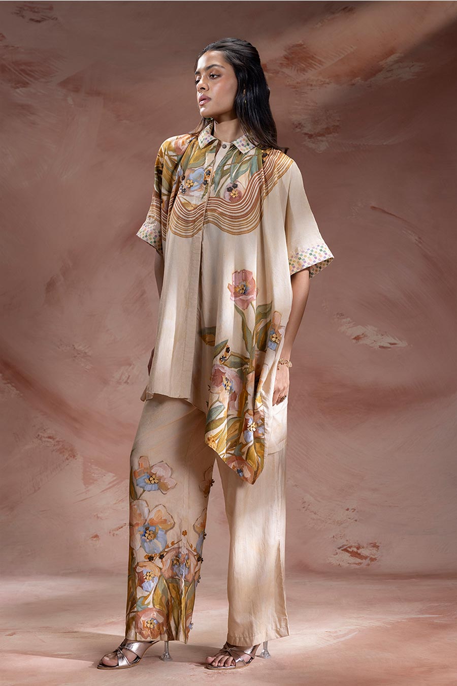 Beige Zeya Embellished Kimono Tunic & Pants Set
