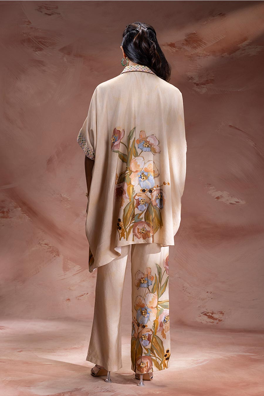 Beige Zeya Embellished Kimono Tunic & Pants Set