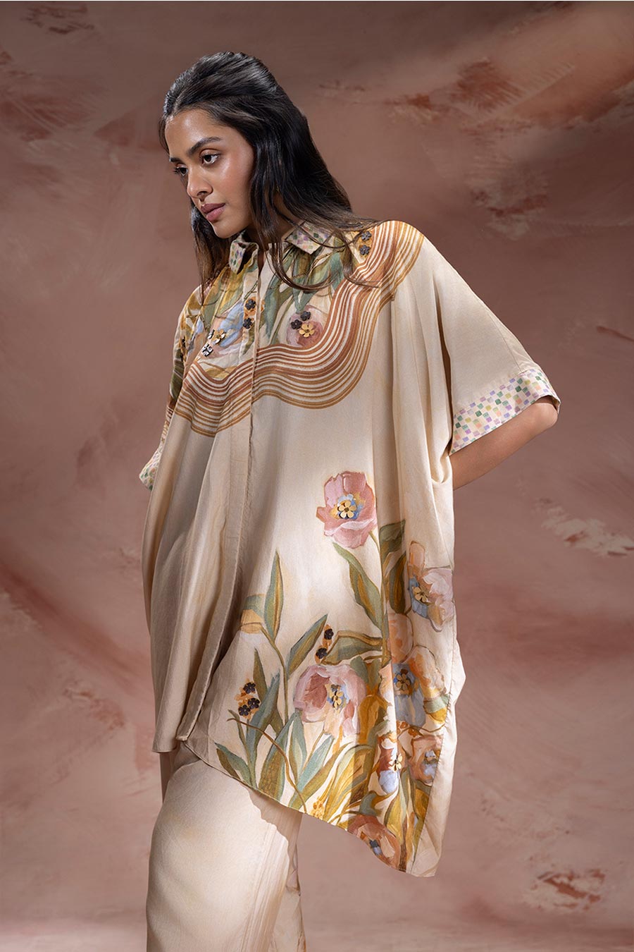 Beige Zeya Embellished Kimono Tunic & Pants Set