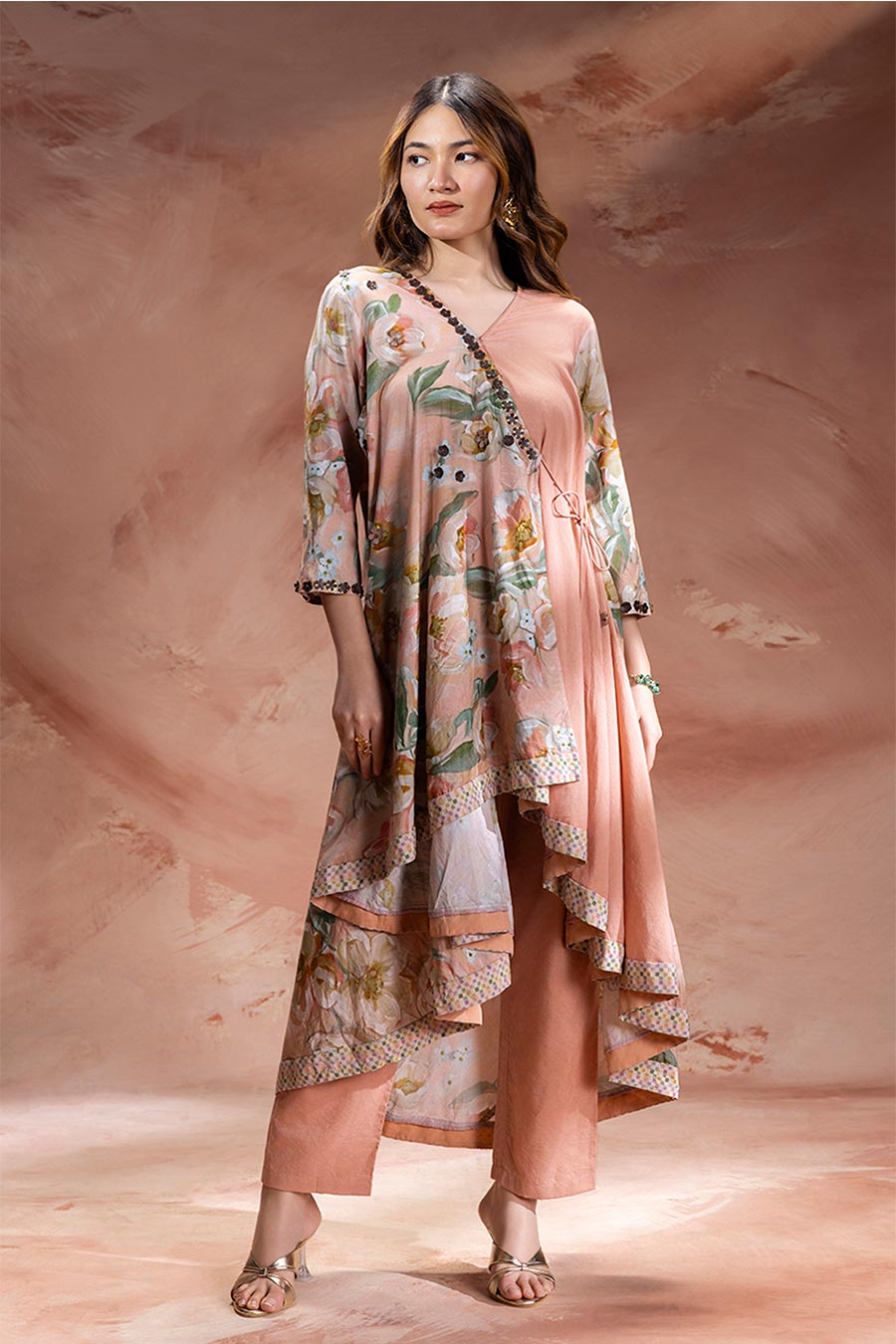 Pink Zeya Embellished Asymmetric Tunic & Pants Set