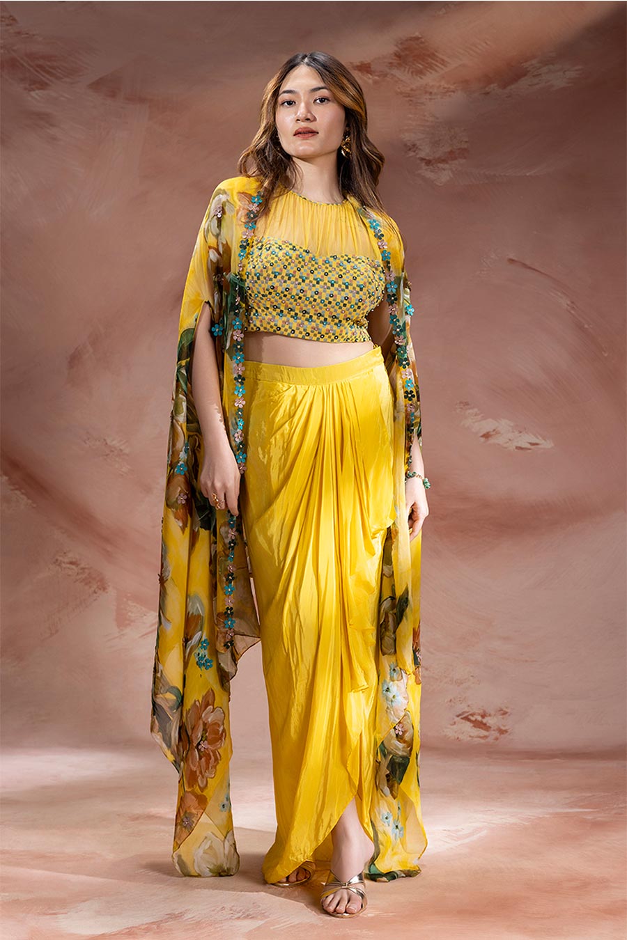 Yellow Zeya Embellished Drape Skirt Set With Cape