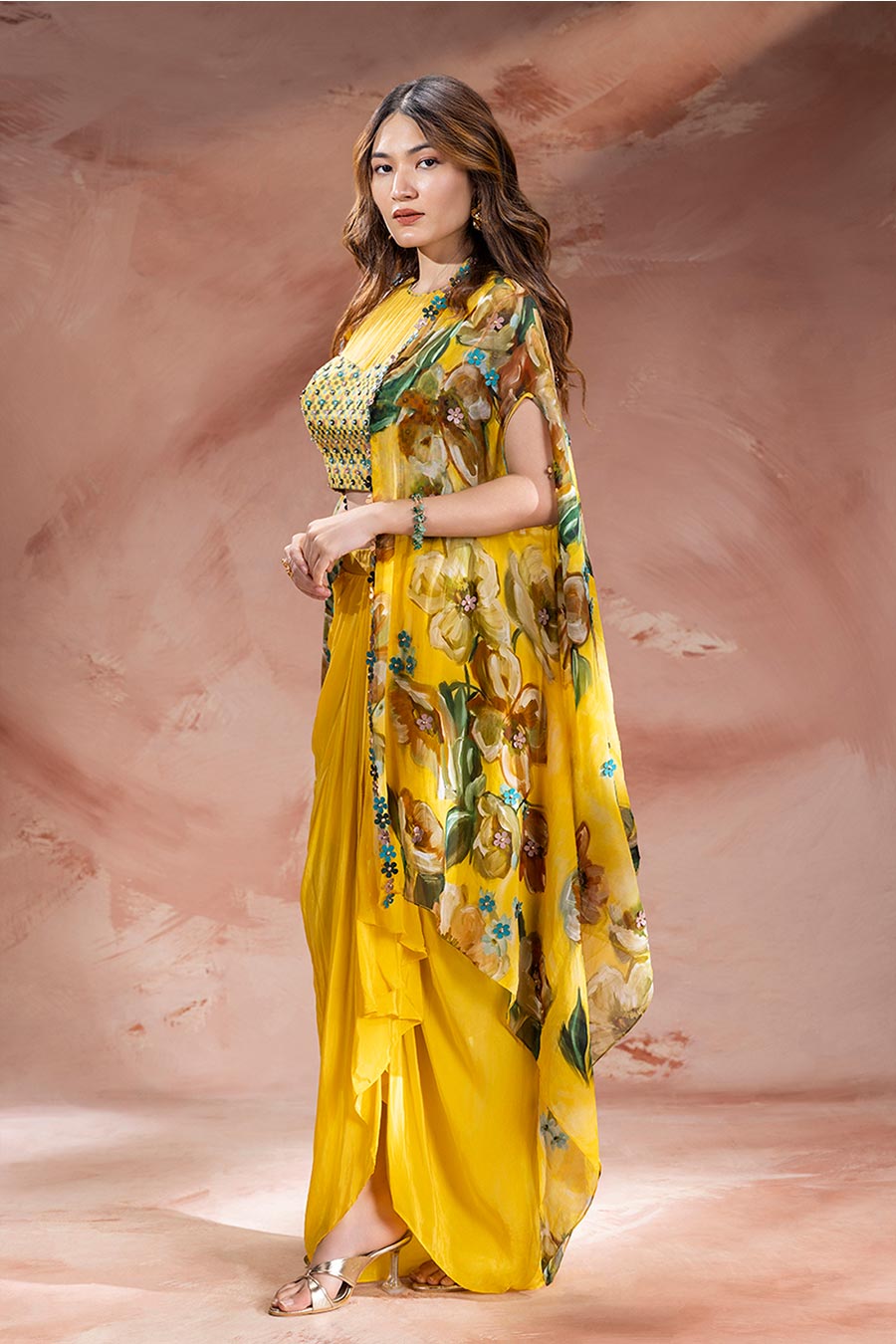 Yellow Zeya Embellished Drape Skirt Set With Cape