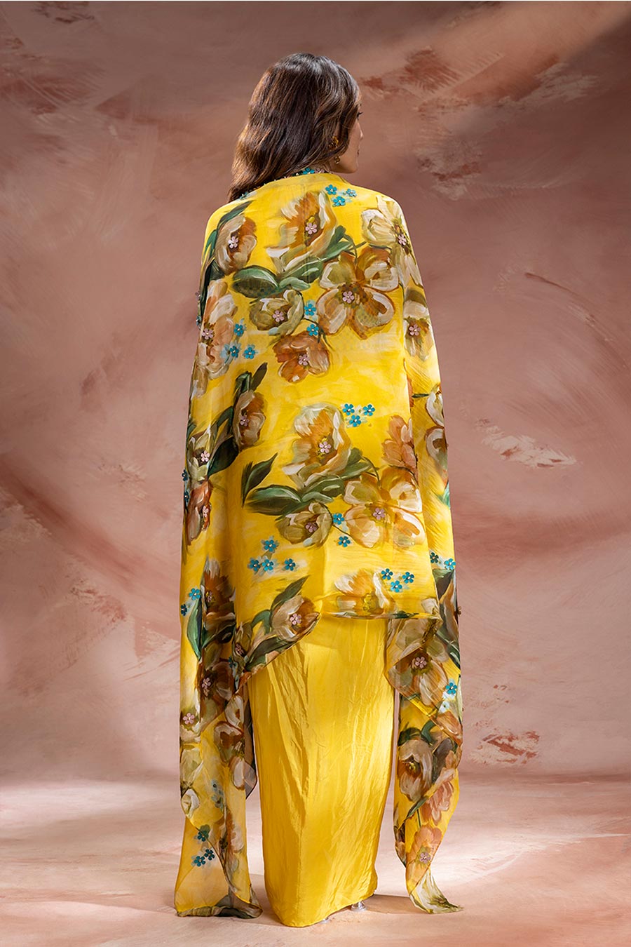 Yellow Zeya Embellished Drape Skirt Set With Cape