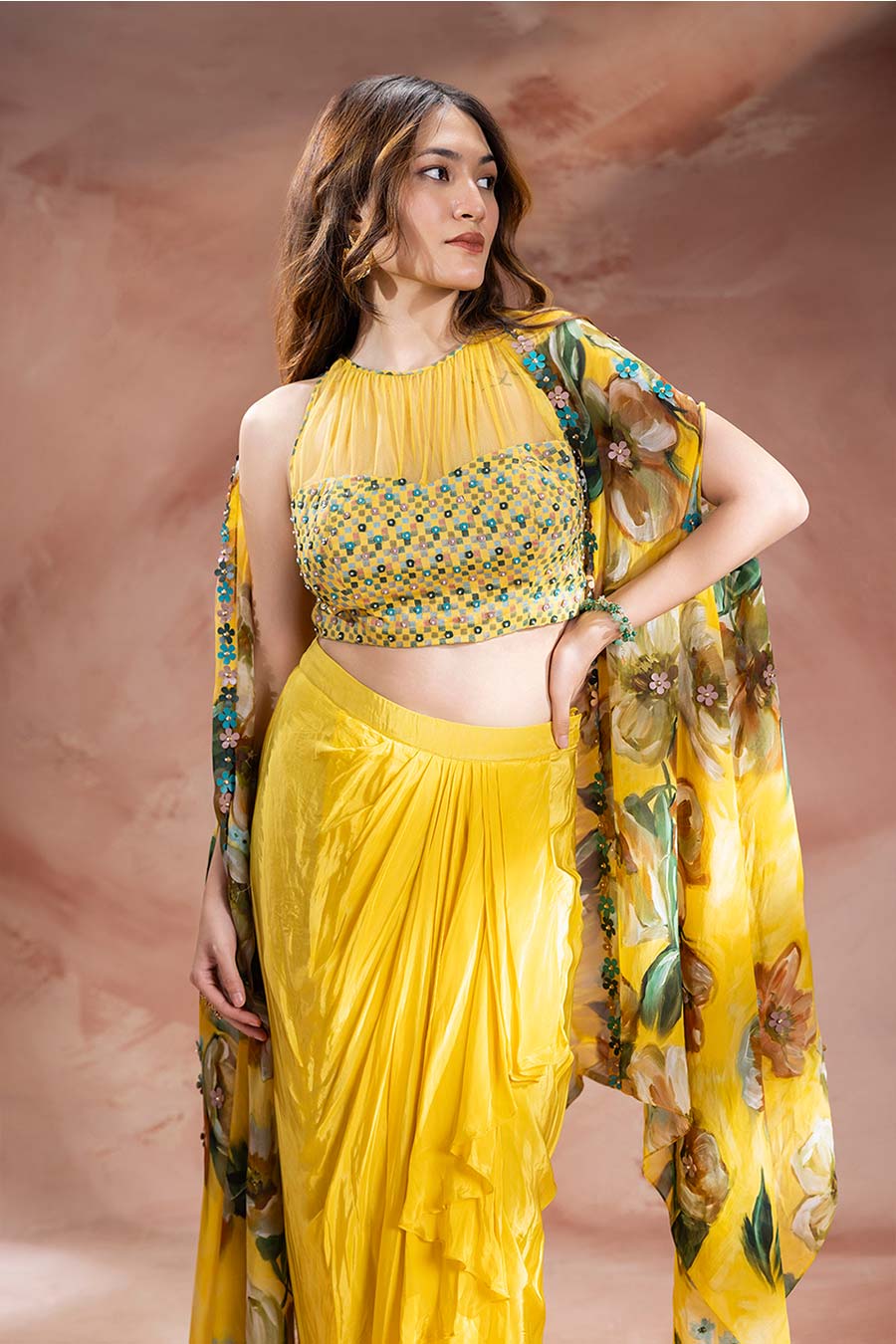 Yellow Zeya Embellished Drape Skirt Set With Cape