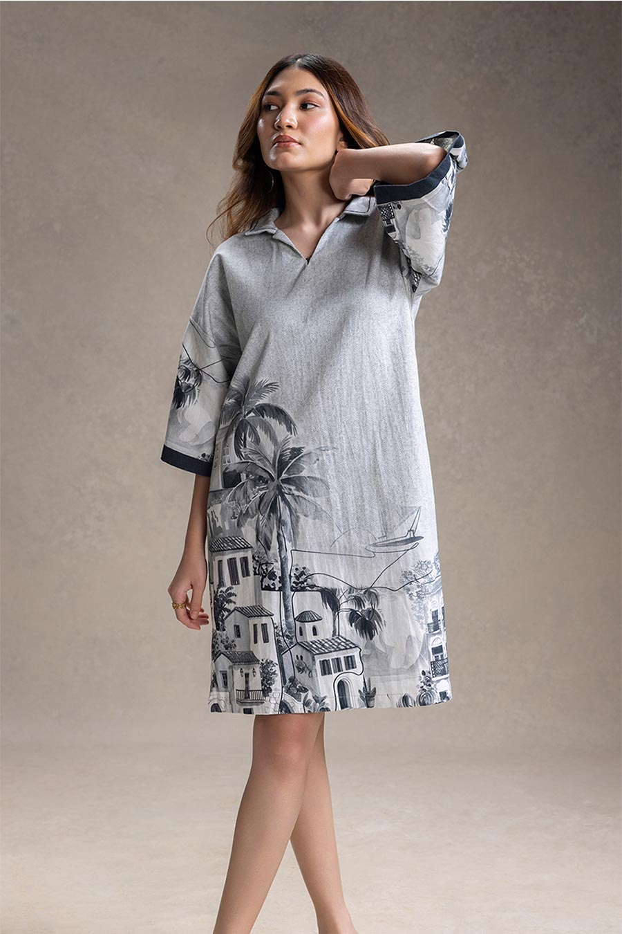 Grey Reviera Printed Boxy Dress