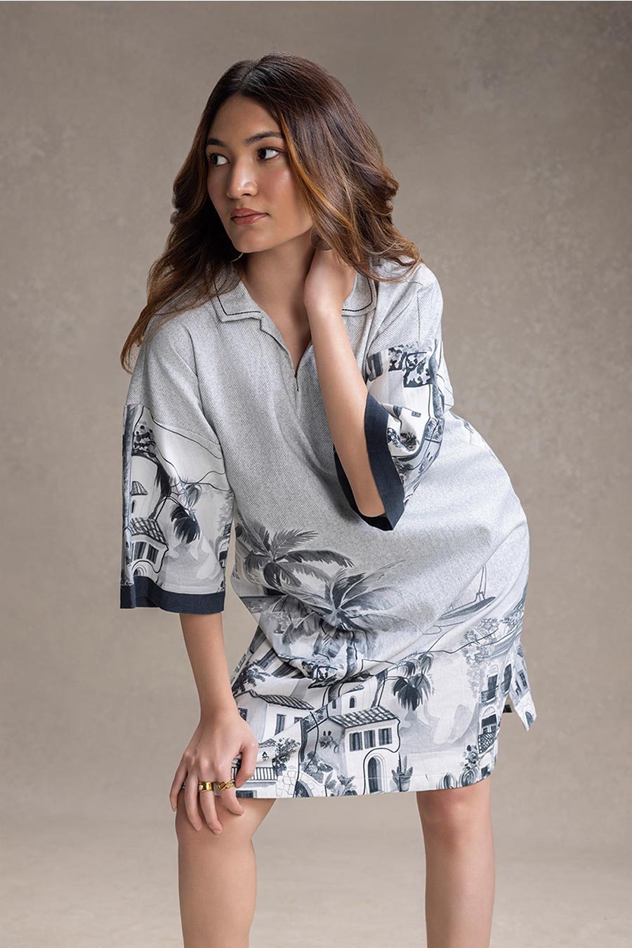 Grey Reviera Printed Boxy Dress
