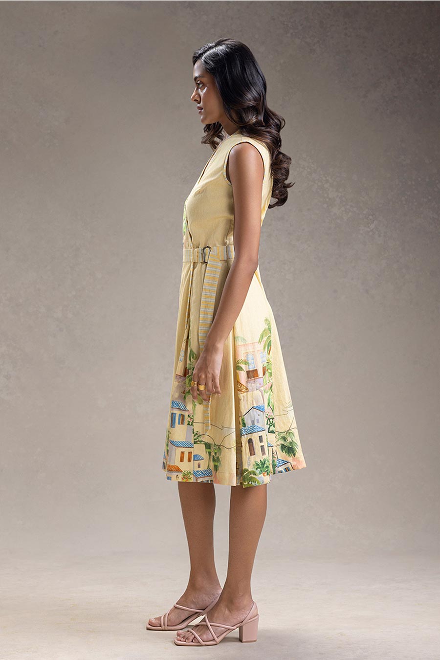 Yellow Reviera Printed Overlap A-Line Dress With Belt