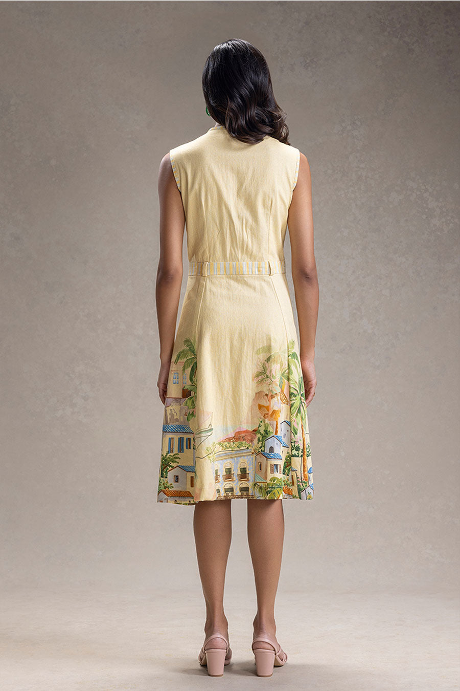 Yellow Reviera Printed Overlap A-Line Dress With Belt
