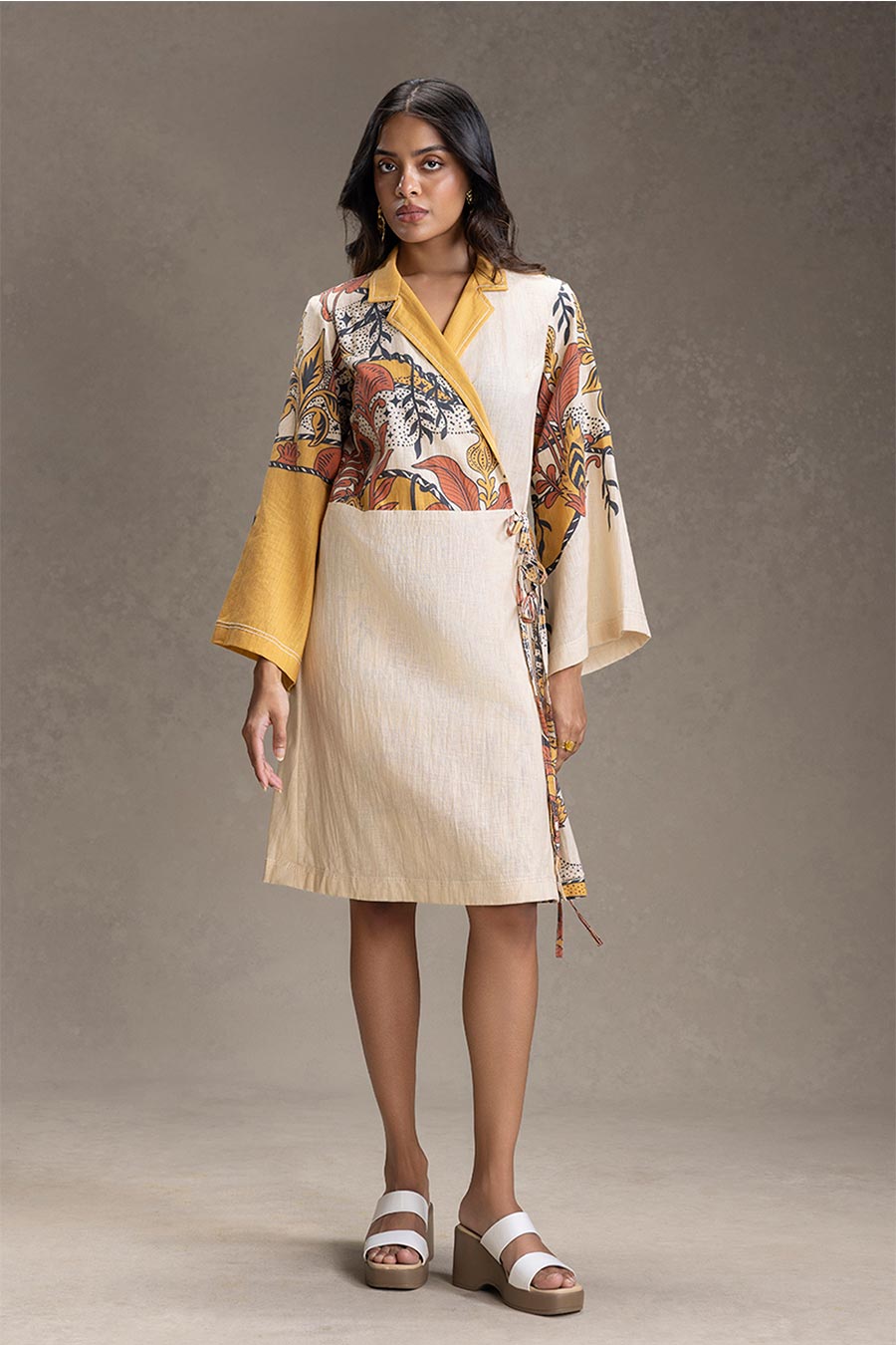Beige Kyomi Printed Overlap Dress