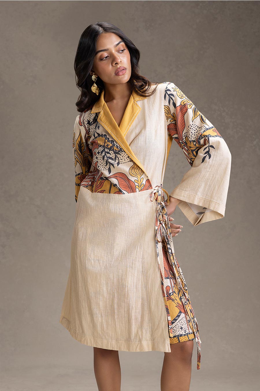 Beige Kyomi Printed Overlap Dress