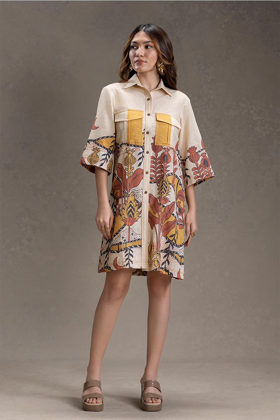 Beige Naomi Printed Boxy Shirt Dress