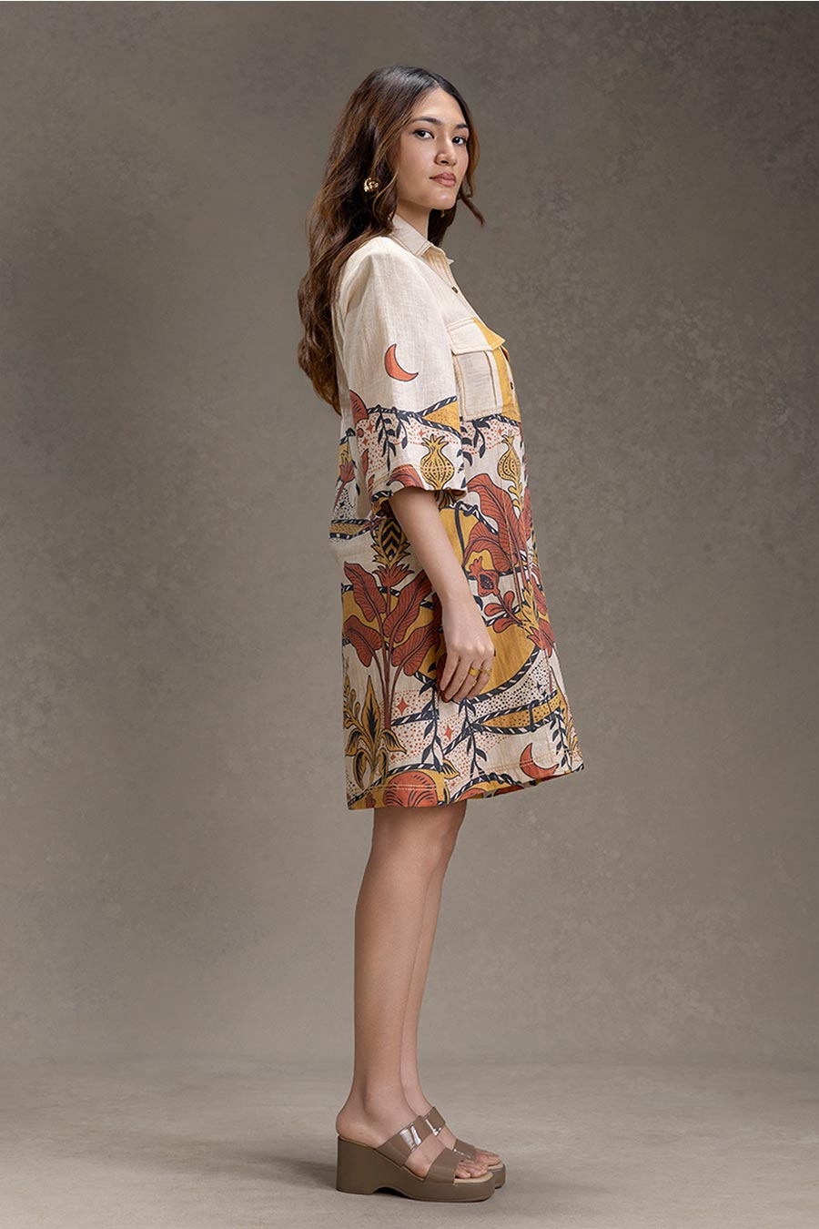Beige Naomi Printed Boxy Shirt Dress