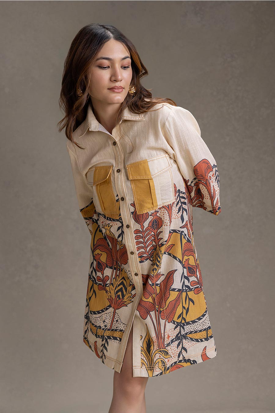 Beige Naomi Printed Boxy Shirt Dress