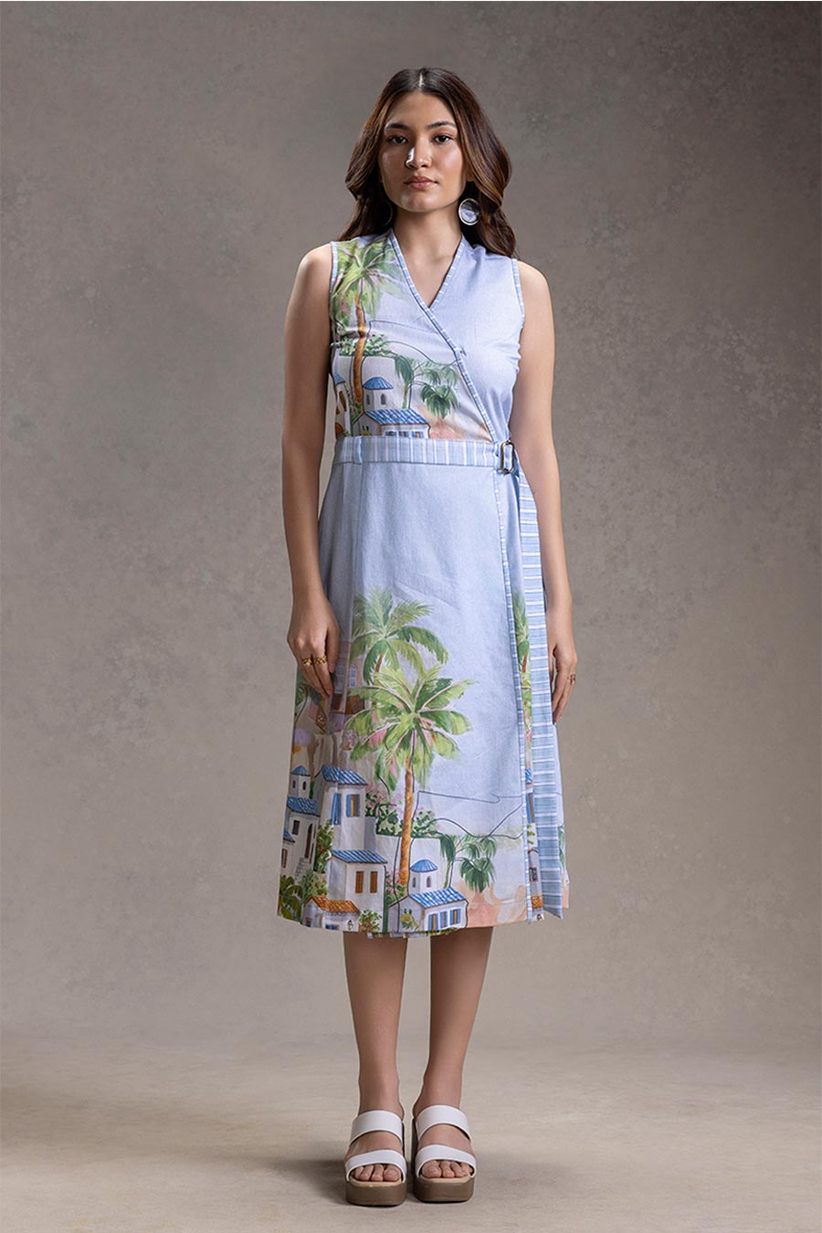 Blue Reviera Printed Overlap A-Line Dress With Belt