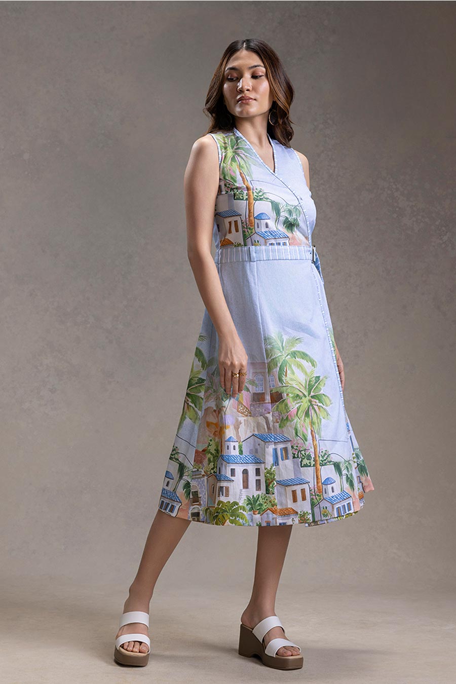 Blue Reviera Printed Overlap A-Line Dress With Belt