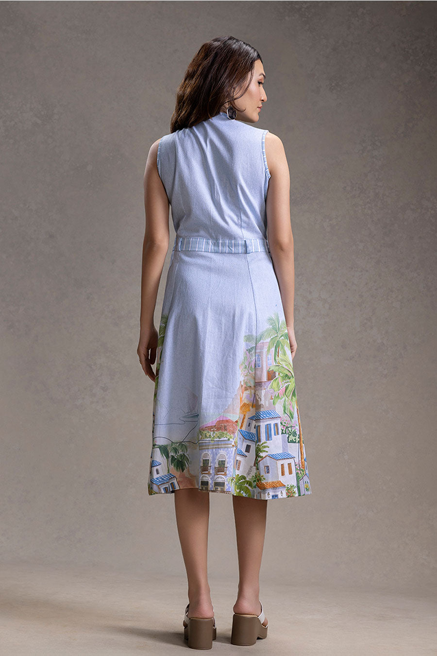 Blue Reviera Printed Overlap A-Line Dress With Belt