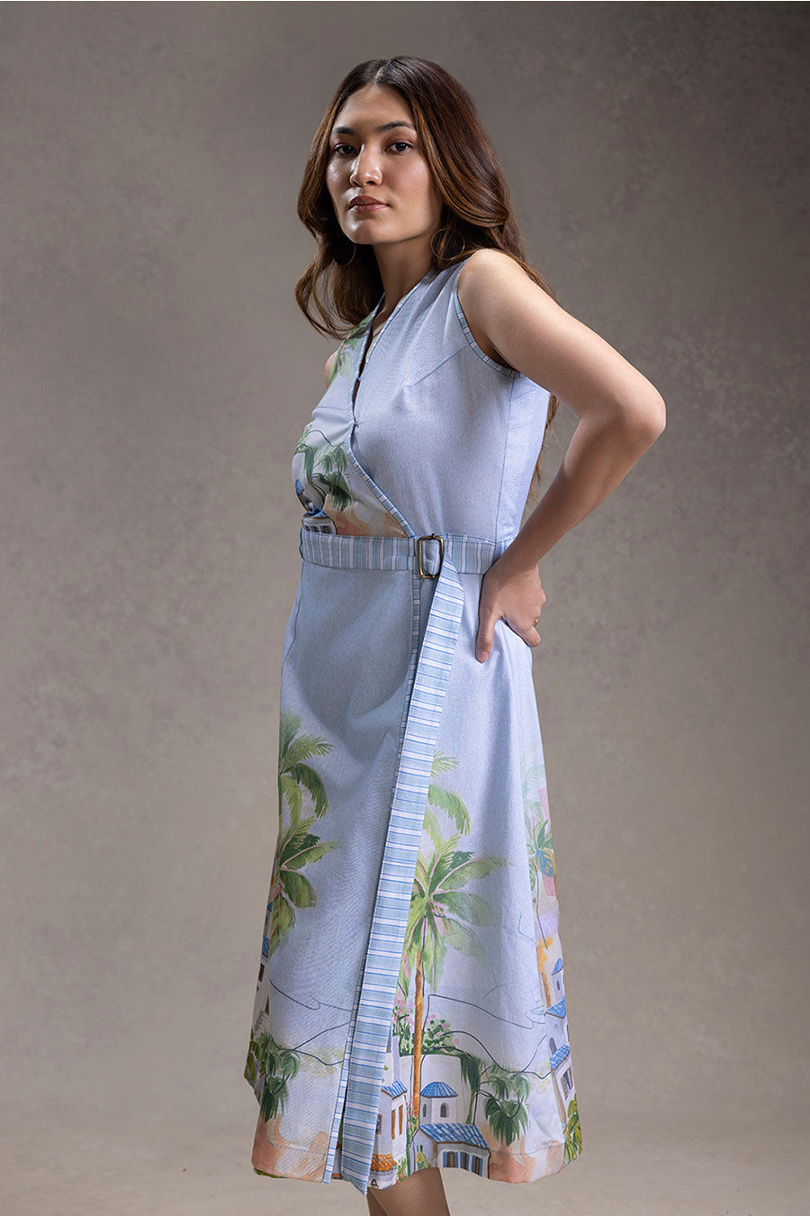 Blue Reviera Printed Overlap A-Line Dress With Belt