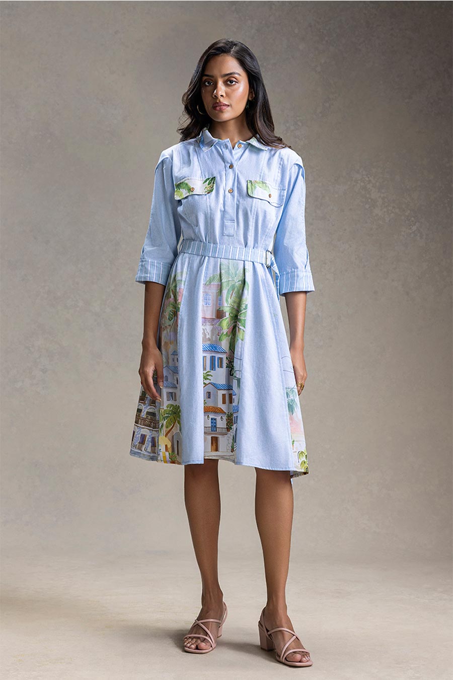 Blue Reviera Printed Panelled Dress With Belt