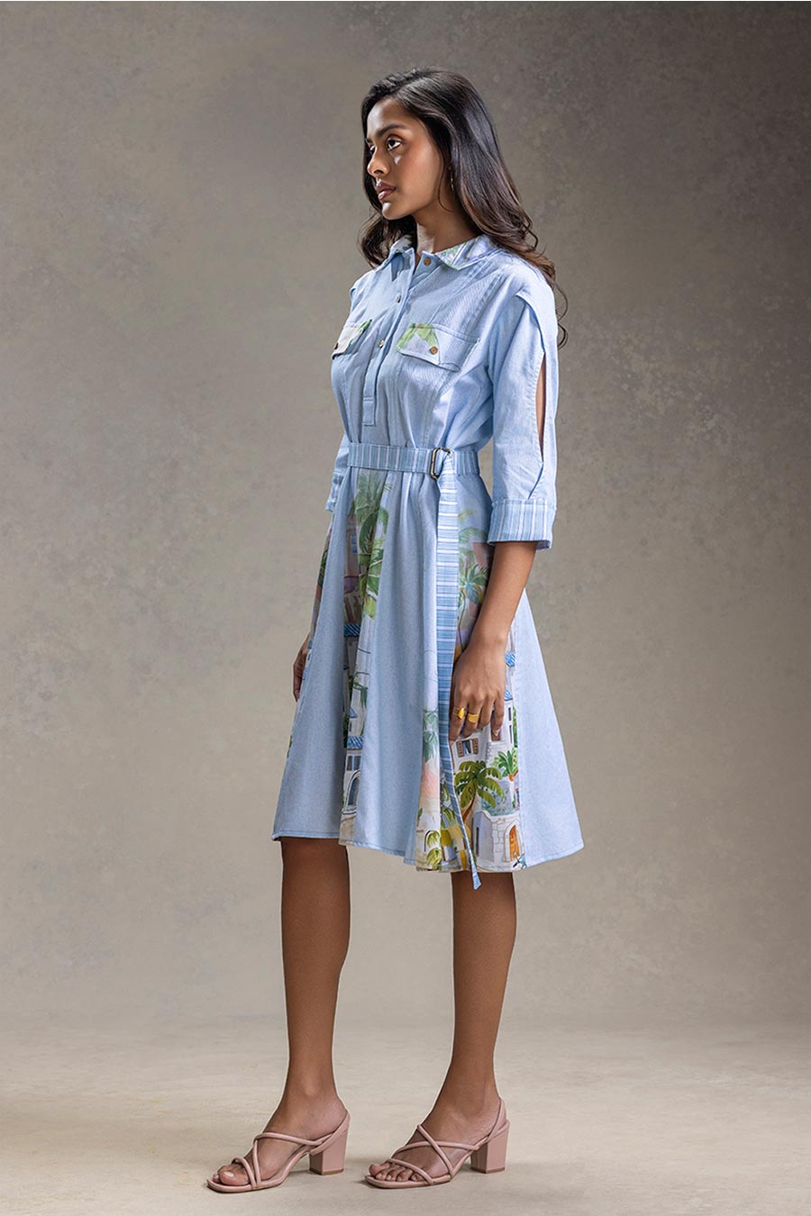 Blue Reviera Printed Panelled Dress With Belt