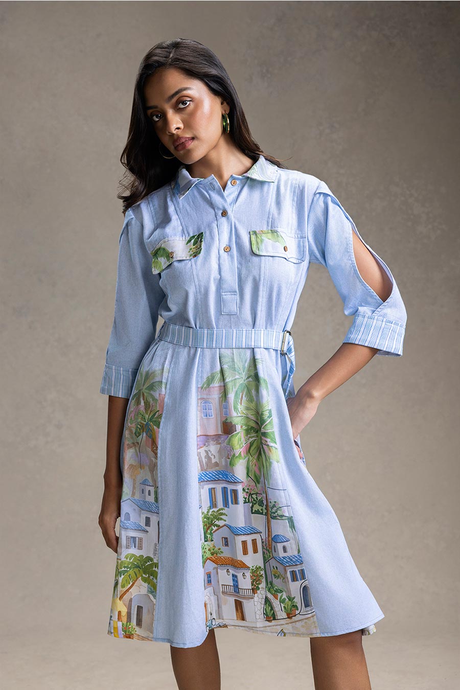 Blue Reviera Printed Panelled Dress With Belt