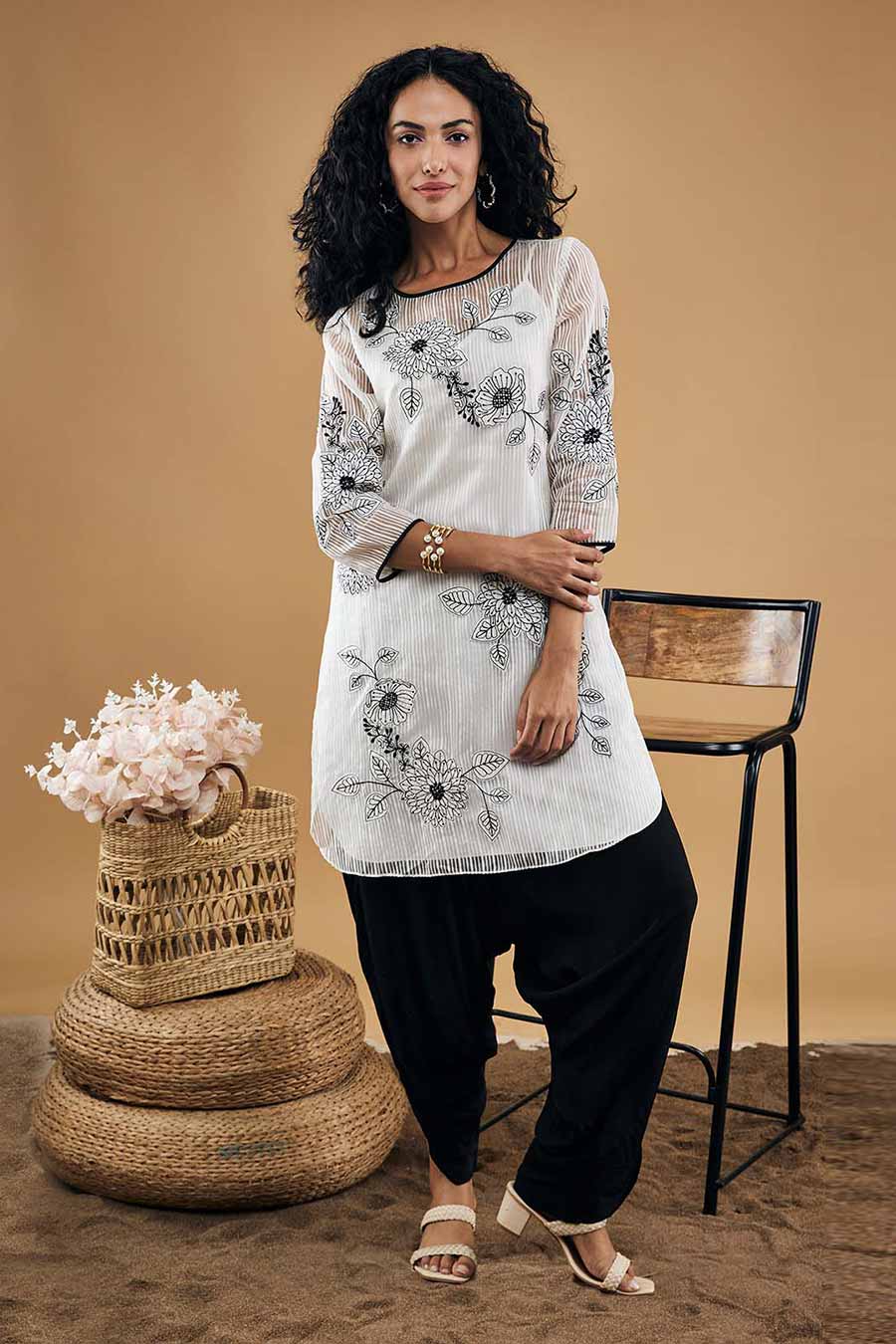 White & Black Nazli Patch Work Kurta Set